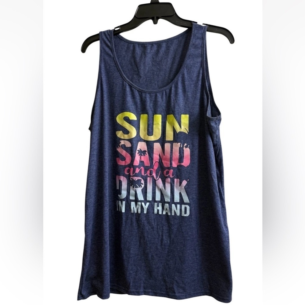 Sun and Sand Drink in My Hand T-Shirt Beach Vacation Blue Women's Tee Size 1XL